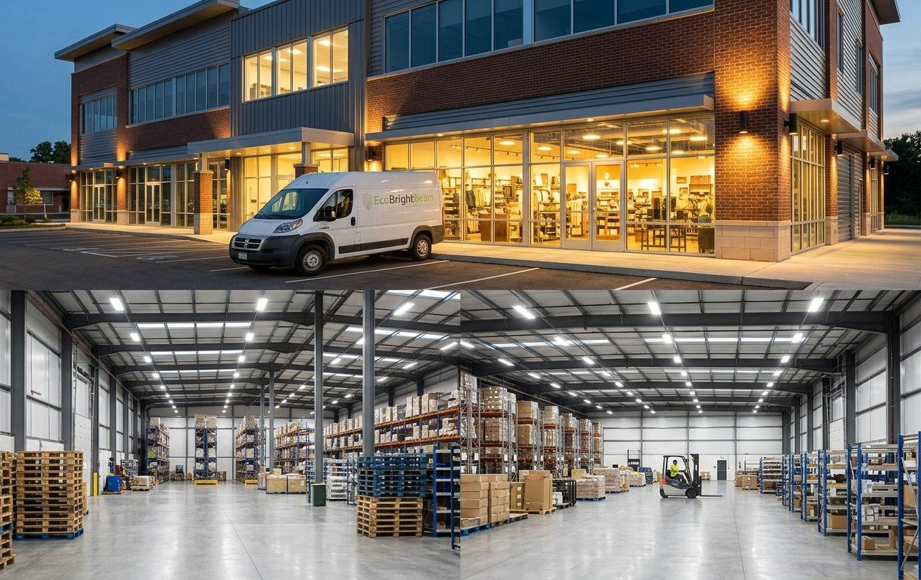 An EcoBrightBeam van outside a lit commercial building, above a bright warehouse lit with LED high bays
