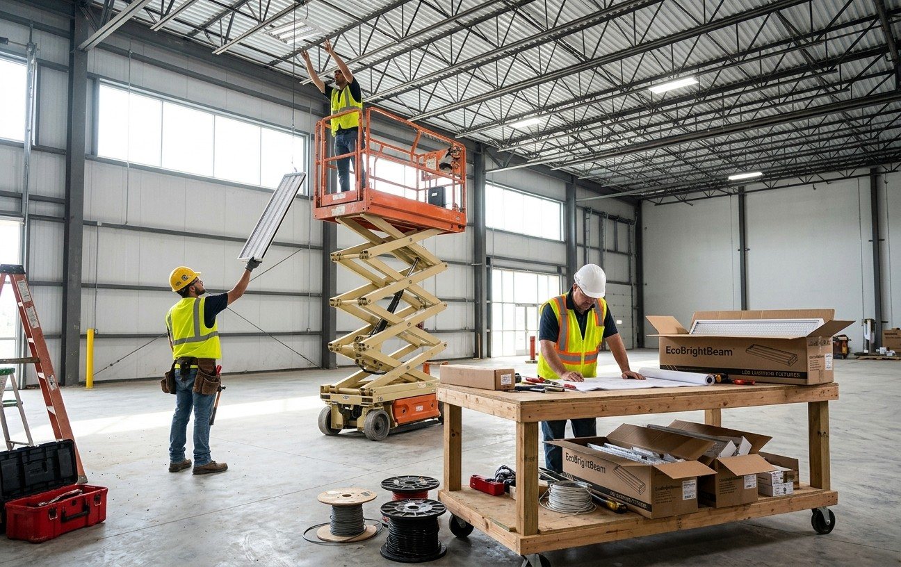 Electricians installing LED fixtures in a warehouse from a scissor lift, with EcoBrightBeam boxes on the workbench