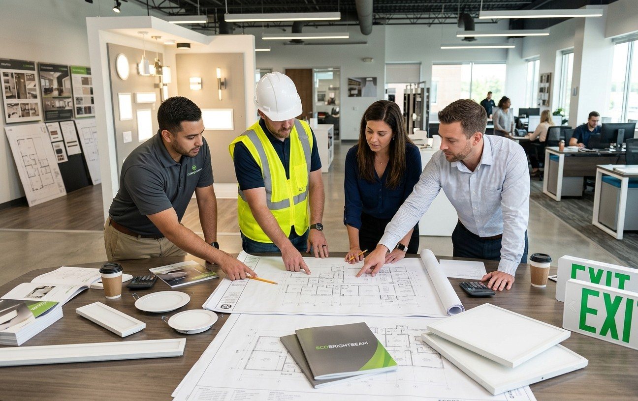 The EcoBrightBeam team and a contractor reviewing lighting plans with fixtures and exit signs on the table