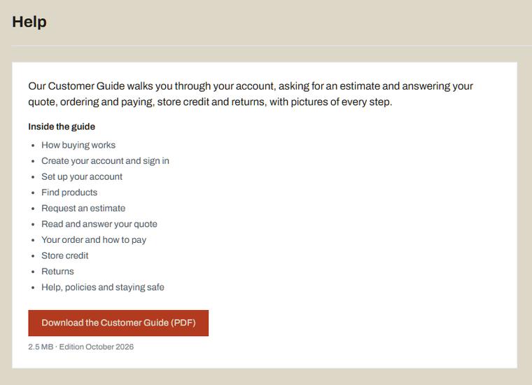 The Help page in the customer portal with the step-by-step customer guide (sample data)