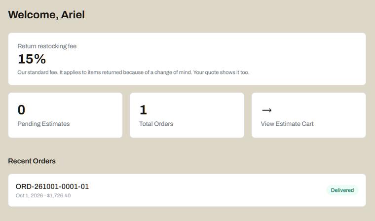 The customer portal overview with pending estimates and orders (sample data)