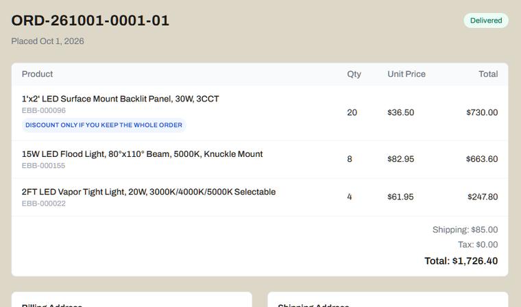 An order page in the customer portal showing status, tracking and payment (sample data)