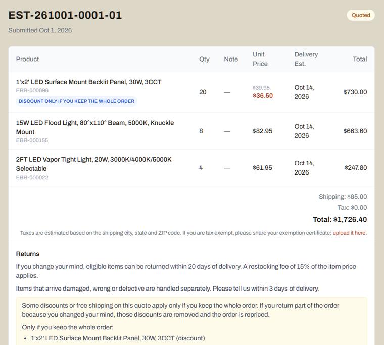 A quote in the customer portal, with prices, delivery estimates and the Accept and Create Order button (sample data)