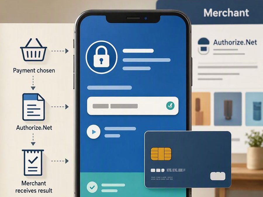 A phone showing a secure payment screen, with the steps: payment chosen, Authorize.Net, merchant receives result