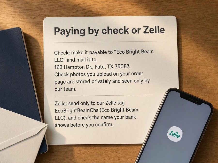 A note on a desk explaining how to pay by check or Zelle, beside an envelope and a phone